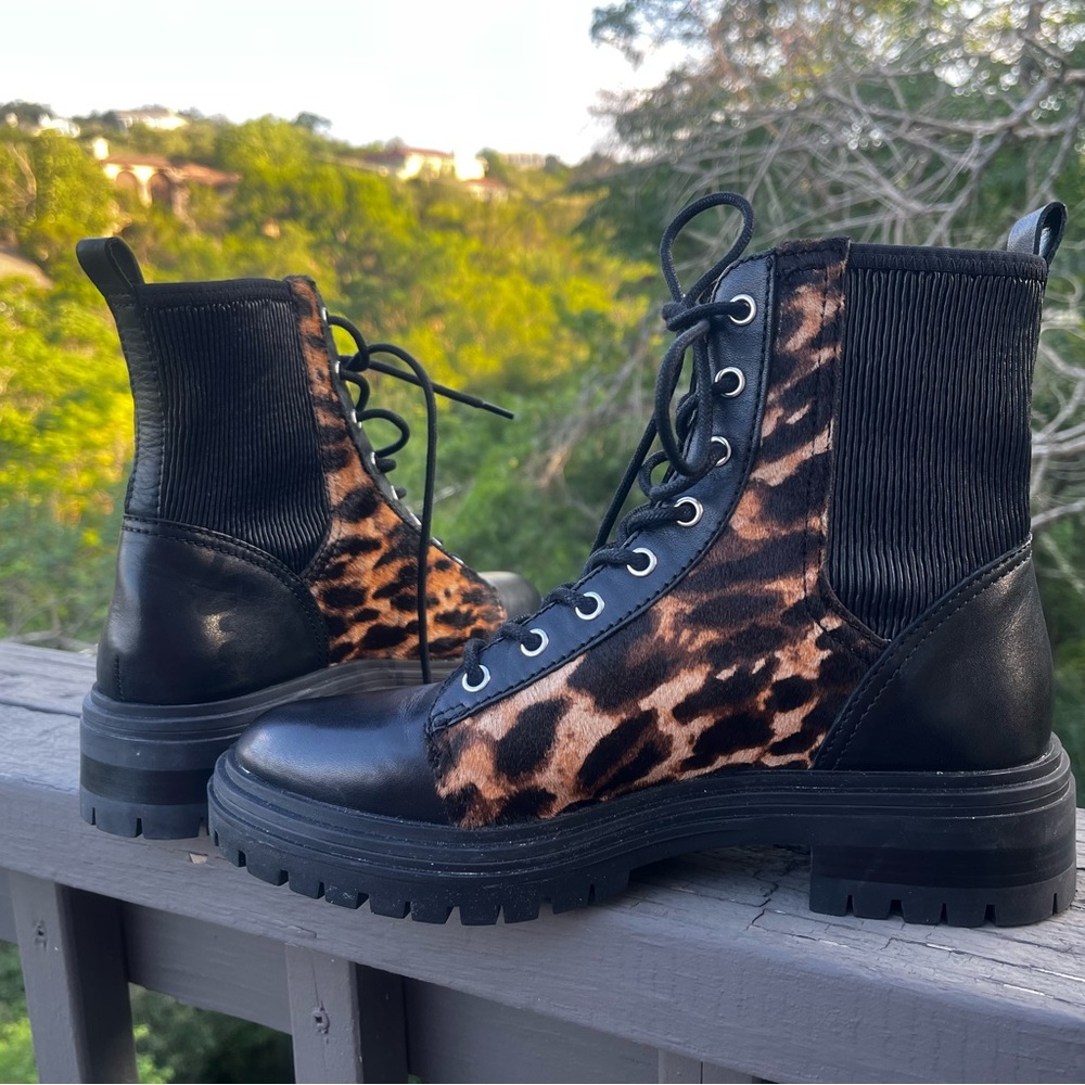 Vince Camuto Bestenda Black Leopard Leather Lace-Up Moto Lug Sole Combat Boot